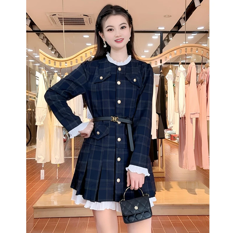 ASY/2025春季新款莫奈花园风时尚轻奢韩范格纹显瘦小个子连衣裙