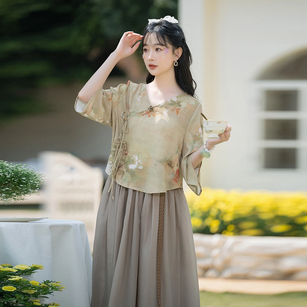 新款汉服唐装禅茶服复古印花女装汉元素中国风改良夏中式2023套装