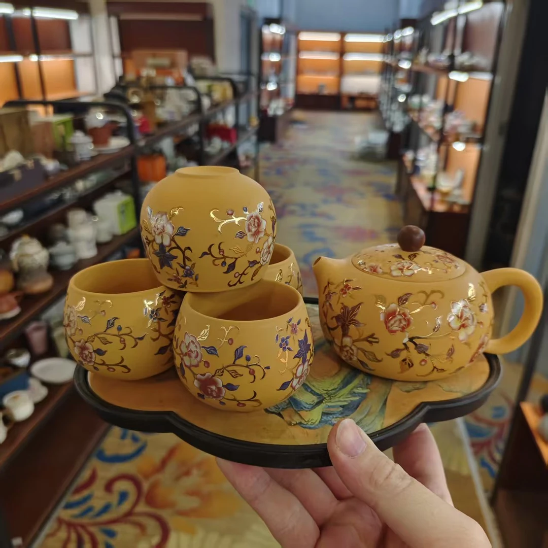 友名 段泥紫砂堆金山茶花西施壶+四杯+千里江山盘（无礼盒）-3134