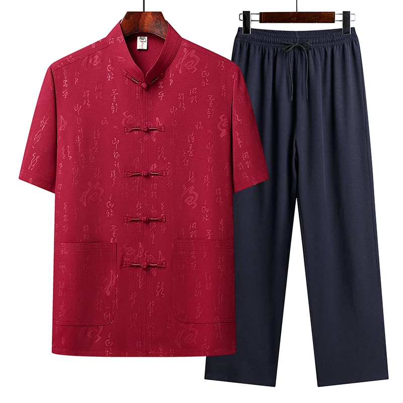 男装爸爸装冰丝套装唐装男中国风中式高档短袖新中式爷爷大寿星