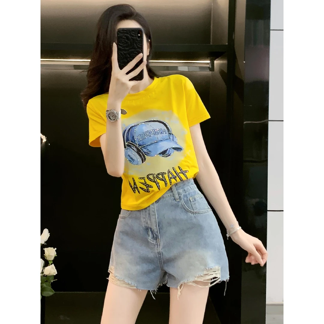 小个子夏装穿搭一整套减龄烫钻短袖T恤牛仔短裤休闲运动两件套装
