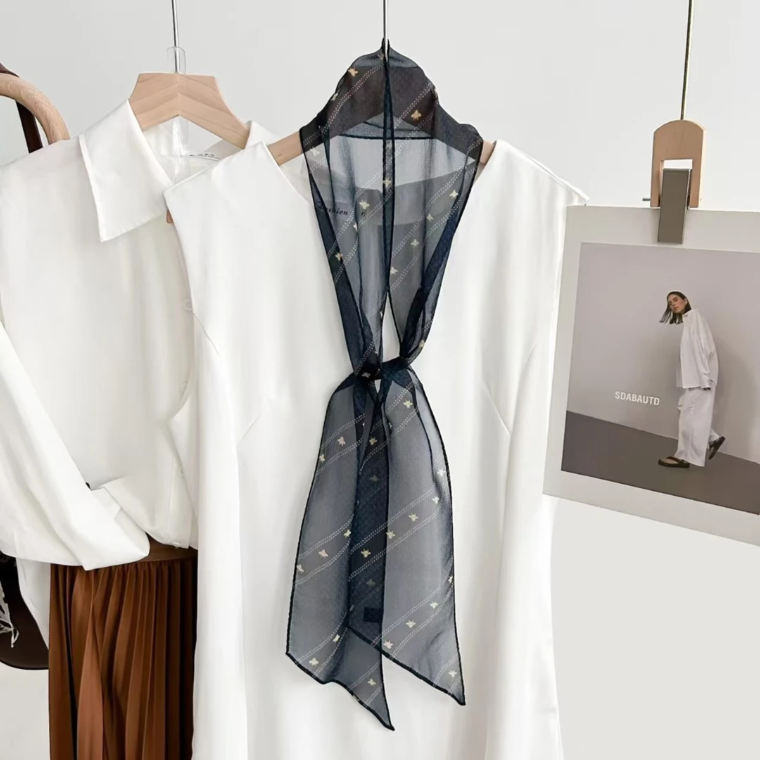 100%桑蚕丝【小蜜蜂】10x140cm真丝乔其丝巾韩版轻薄飘逸