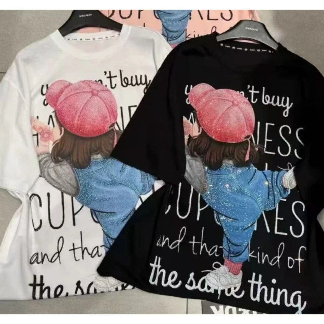 “帽子小女孩”重工烫钻女孩字母中长款大T短袖（衣长73卡码边缘拍小