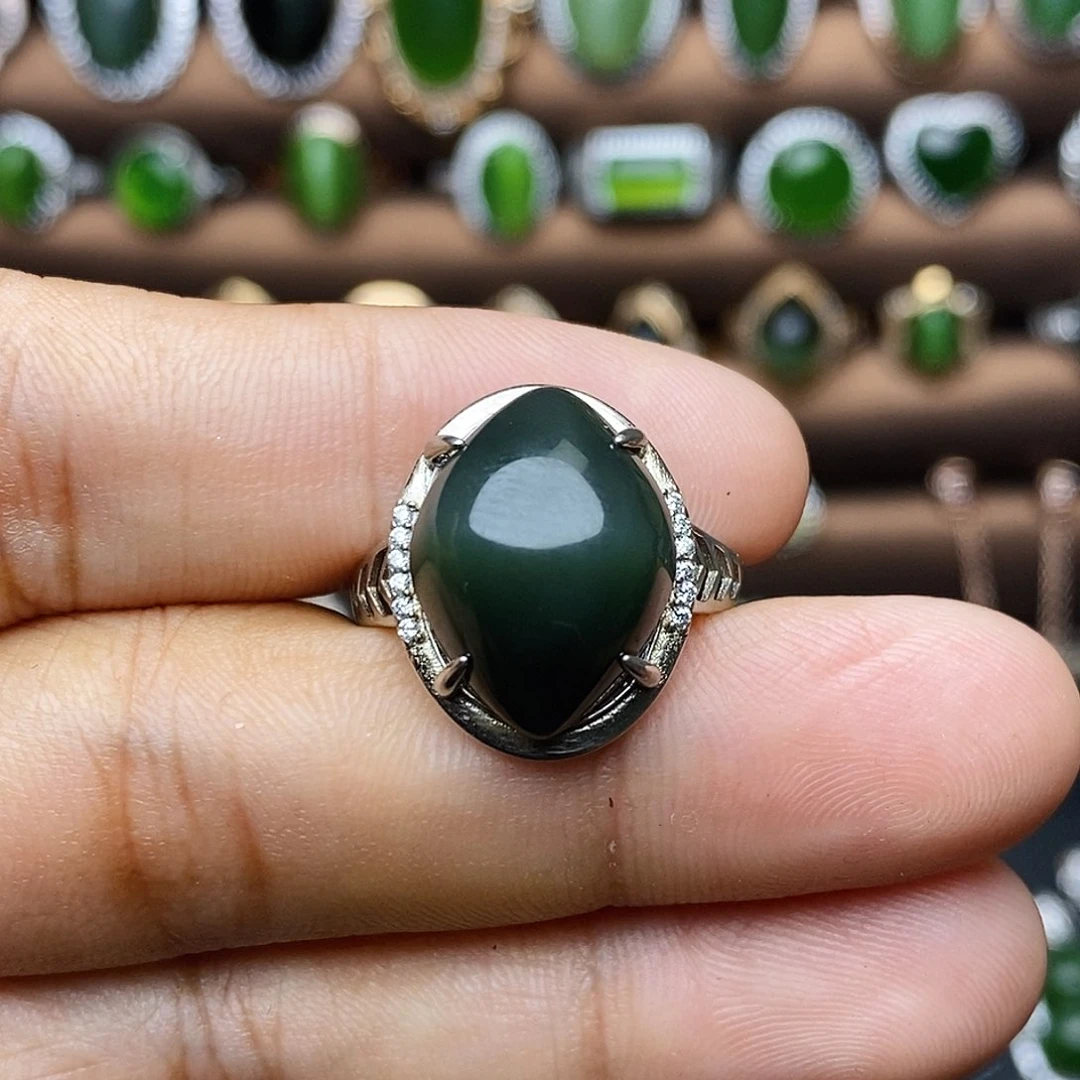 和田玉（碧玉）银S925镶嵌吊坠(不含链)戒指