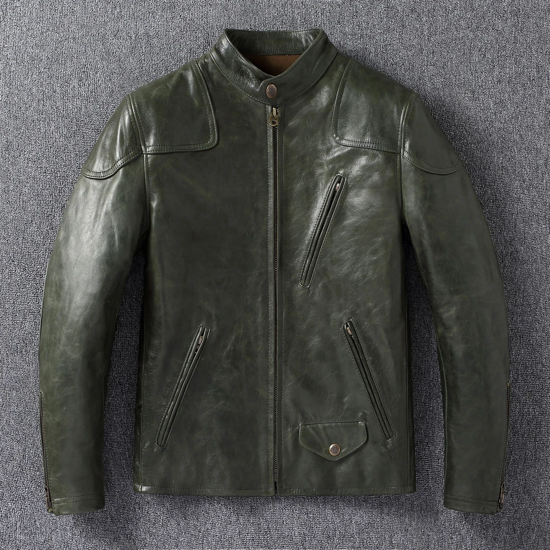 经典毒液进口油蜡小牛皮1.4皮厚高级绿开背头层牛皮真皮夹克外套