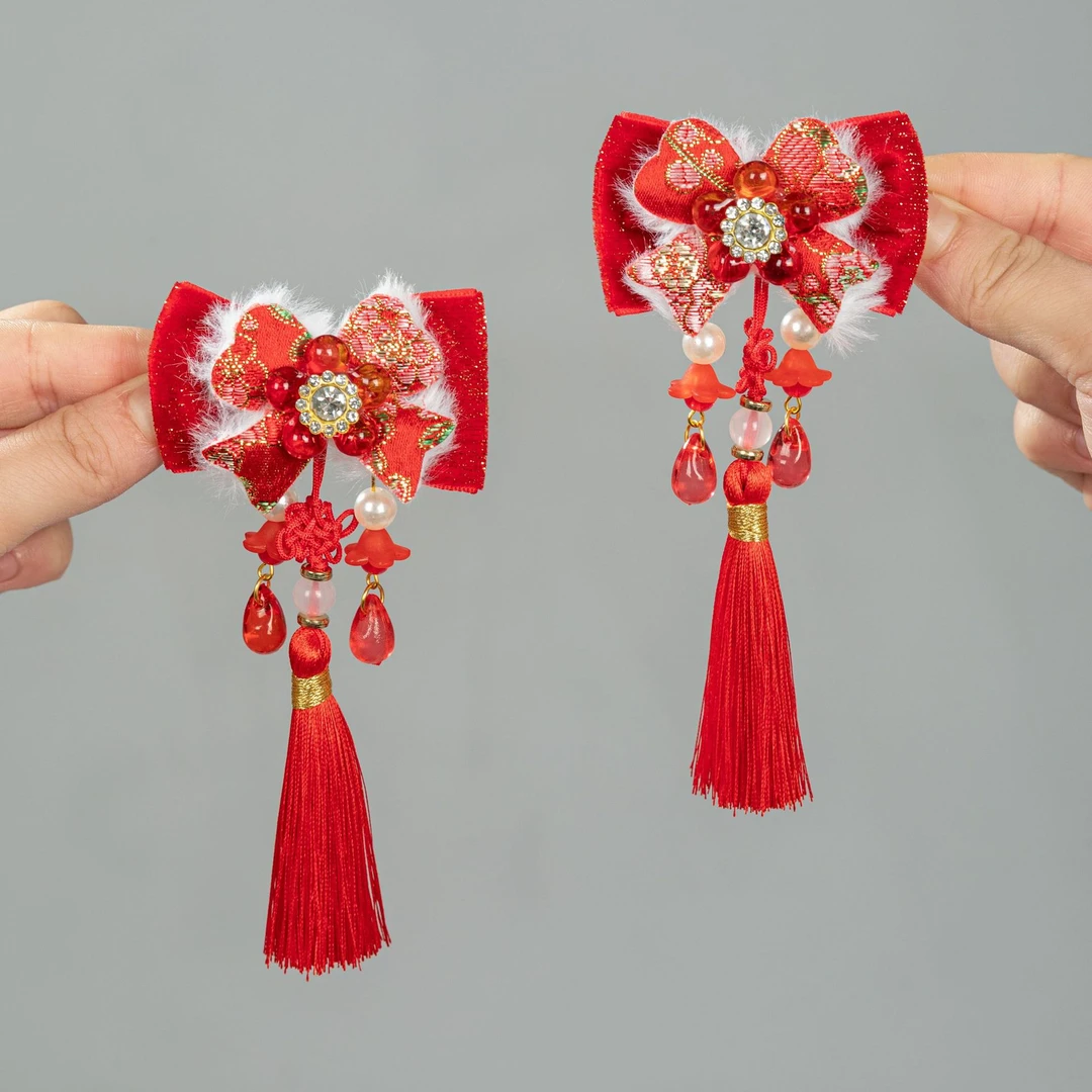 中国风红色流苏超仙女童古风新年儿童发夹头饰宝宝公主发卡发饰