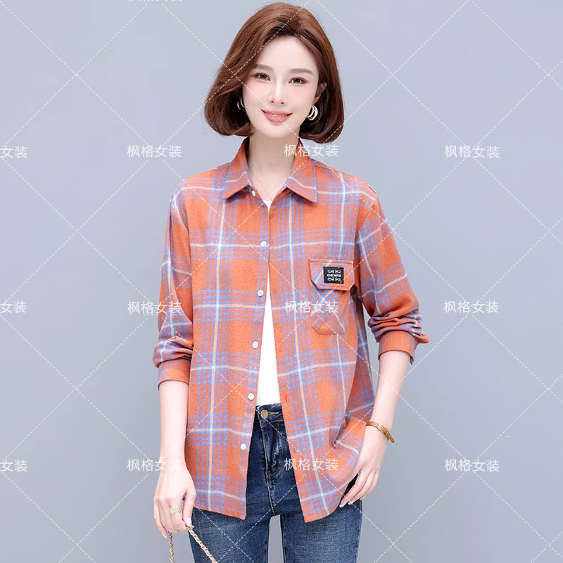 2025年新款大码韩版宽松磨毛格子衬衫 时尚百搭女装长袖外套