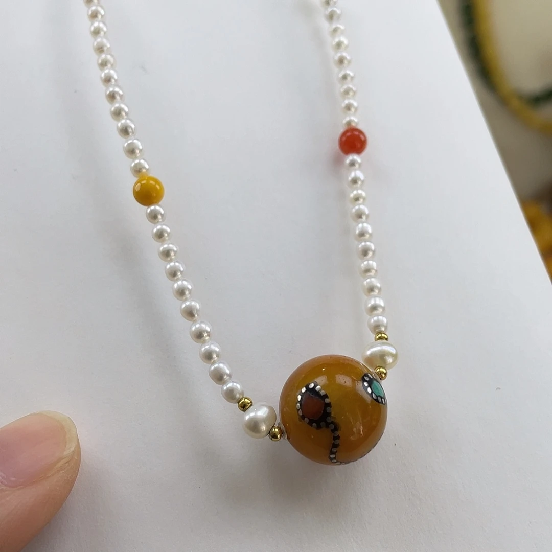 琥珀未镶嵌珠宝奇石锁骨链卡15.8