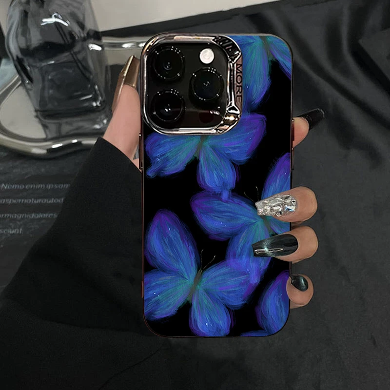 油画蓝色蝴蝶适用苹果17pro手机壳磨砂小众高级网红同款数码配件