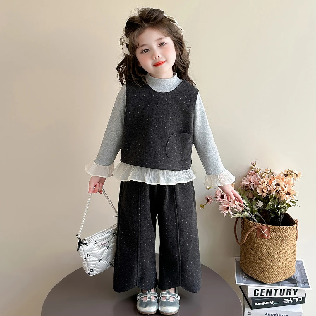 女童秋季套装洋气儿童春秋装时尚女宝宝韩系波点马甲阔腿裤三件套