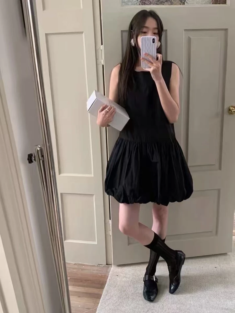 新疆包邮【710】纯色无袖花苞连衣裙-衣长81