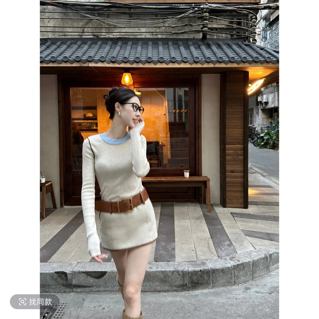 【开年大促 NO退NO换】三件套绵羊毛衣女+短裙套装显瘦A字裙子套装