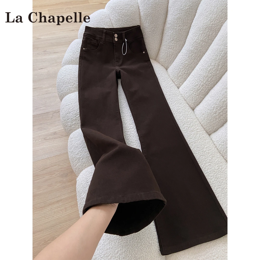 拉夏贝尔咖啡色微喇牛仔裤女2025秋冬款小个子高腰显瘦加绒马蹄裤