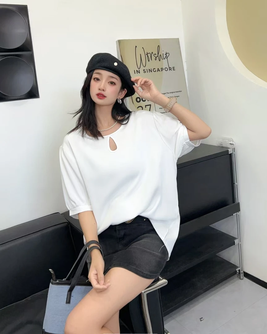 02夏季新款女士高支斜纹棉绸T恤水滴领短袖宽松休闲简单透气A17