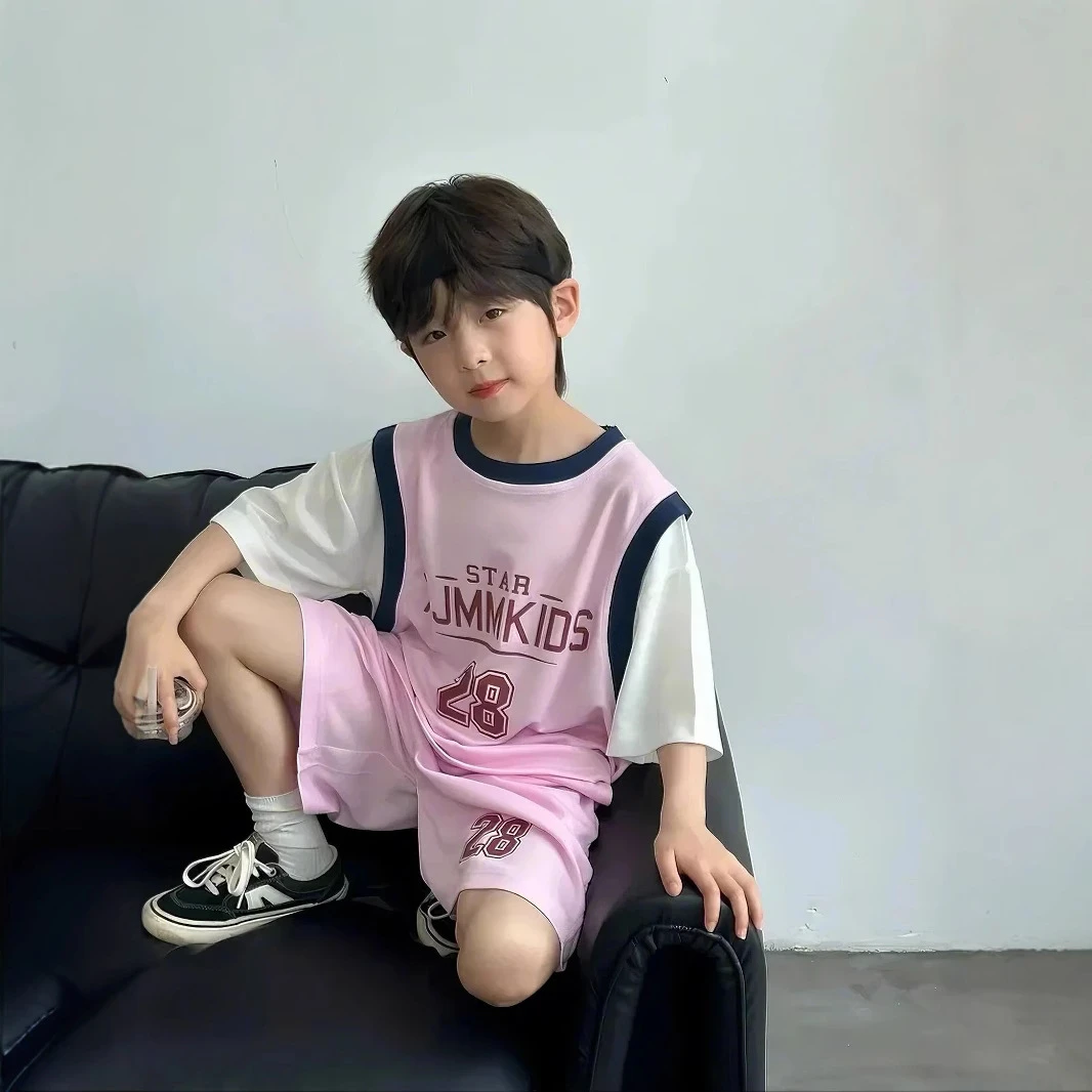 新款男童运动套装夏季短袖球服套装2025宝宝薄款速干假两件篮球服