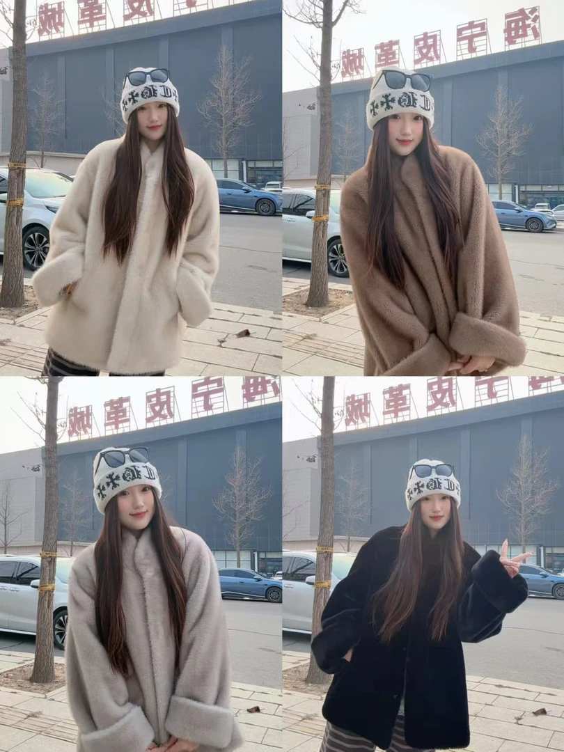”北海千金“2025新款双色毛尖款挽袖立领毛毛外套宽松