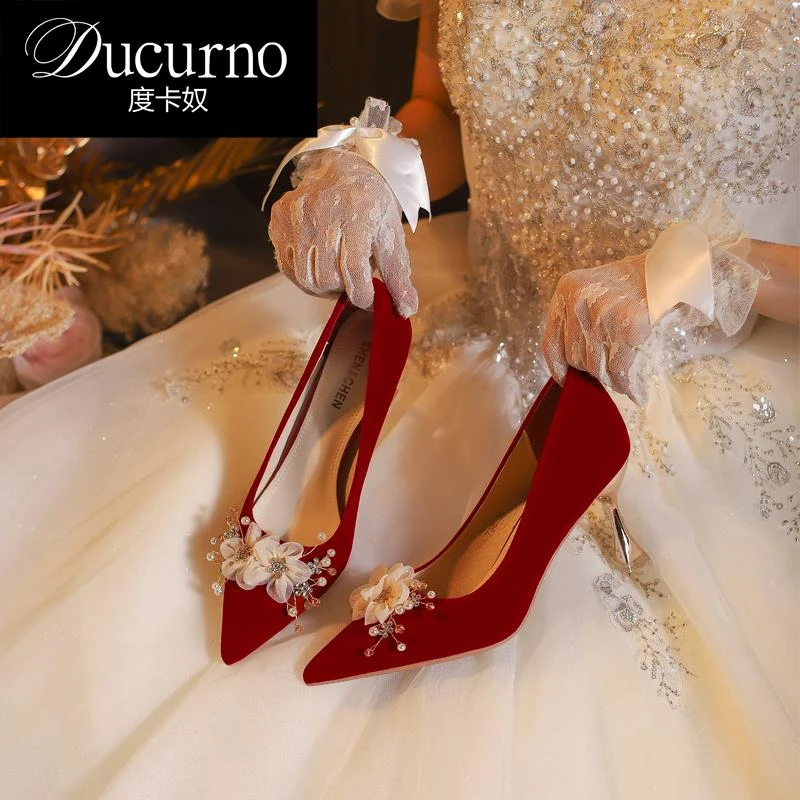 DUCURNO 细跟高跟鞋秀禾红色婚鞋新娘鞋2025年新款伴娘鞋大码女鞋