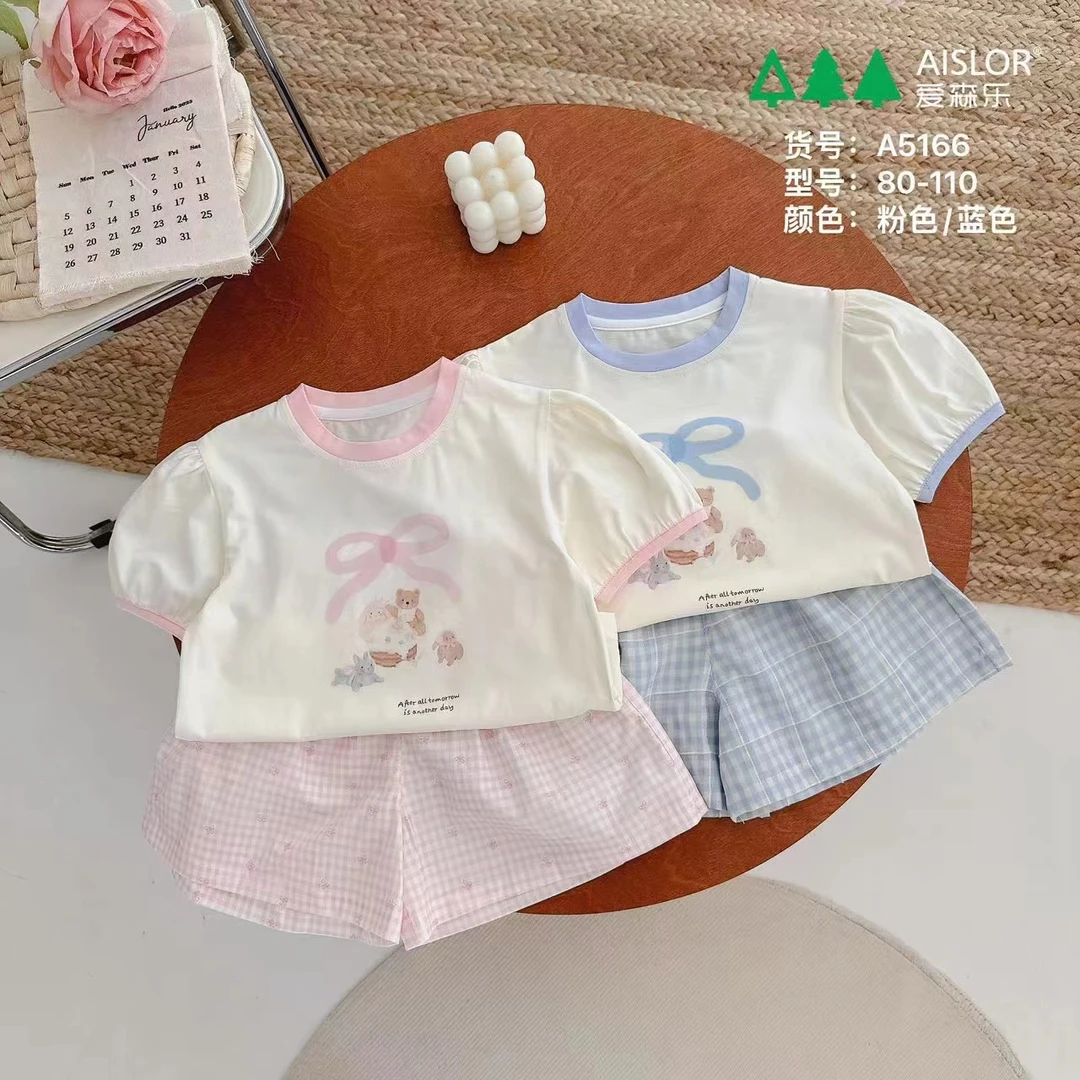 A5166爱森乐蝴蝶小熊半袖套装儿童女童洋气百搭休闲夏季粉色夏款