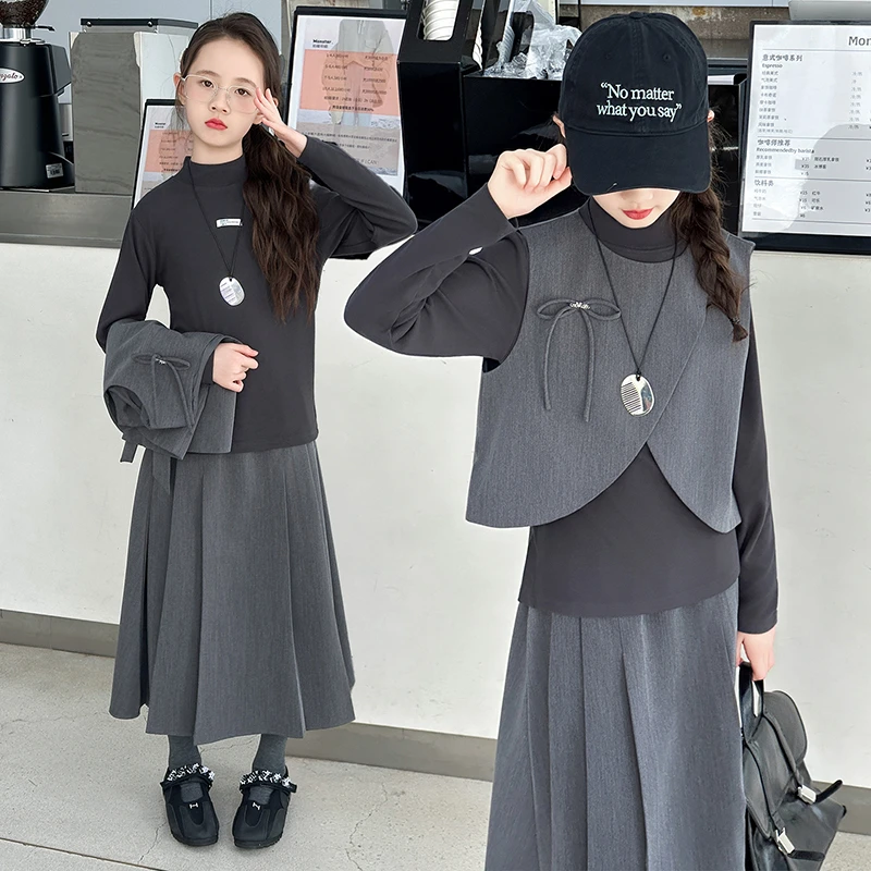 女童套装秋装2025新款洋气中大童韩版时髦马甲打底衫半身裙三件套