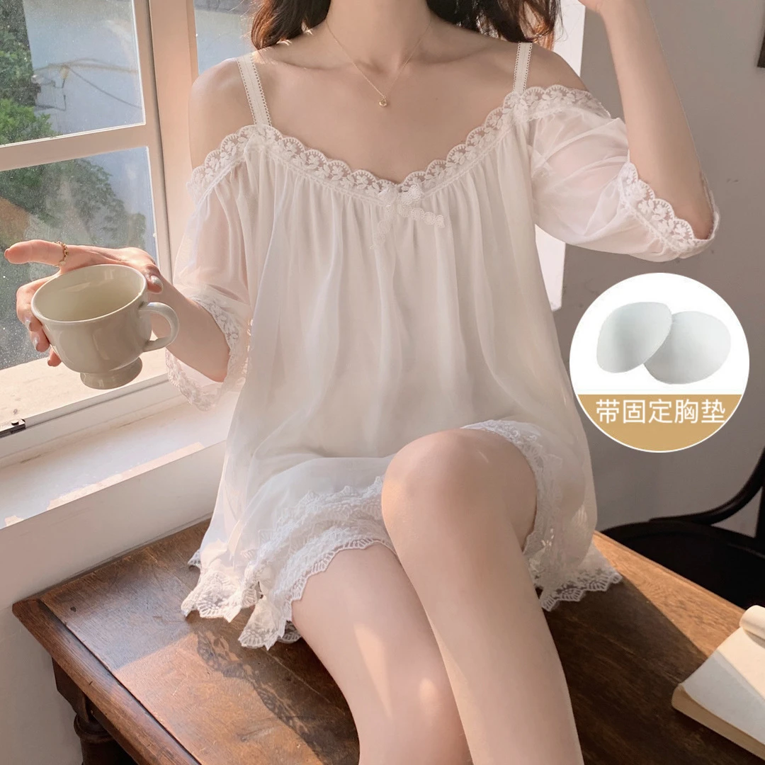 【胸垫】夏季睡衣套装夏天性感薄款春秋蕾丝宫廷风女款甜美吊带睡衣
