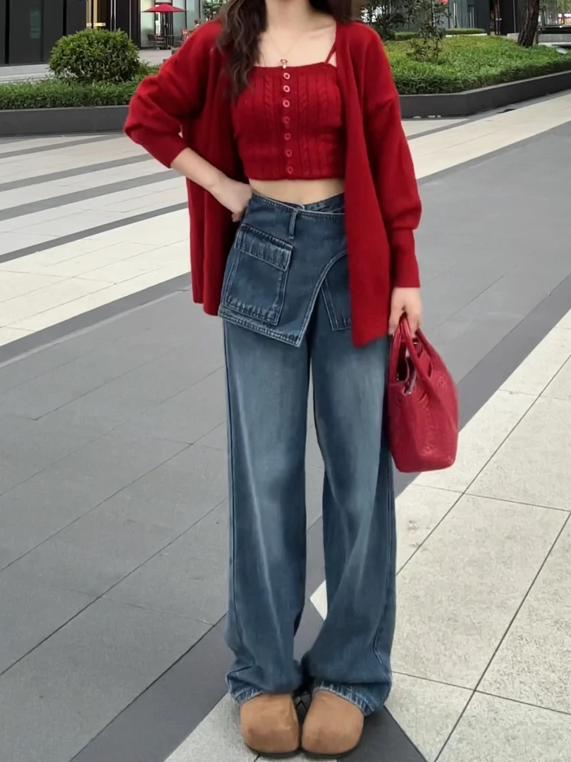 韩系时尚浅蓝色宽松牛仔裤女2025秋季新款高腰直筒假两件阔腿裤子