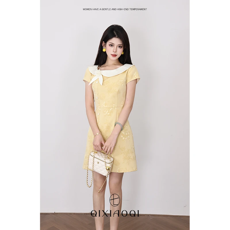 七小七Sicily【黛芙妮亚 】法式黄色温柔圆领长款连衣裙女夏季新款