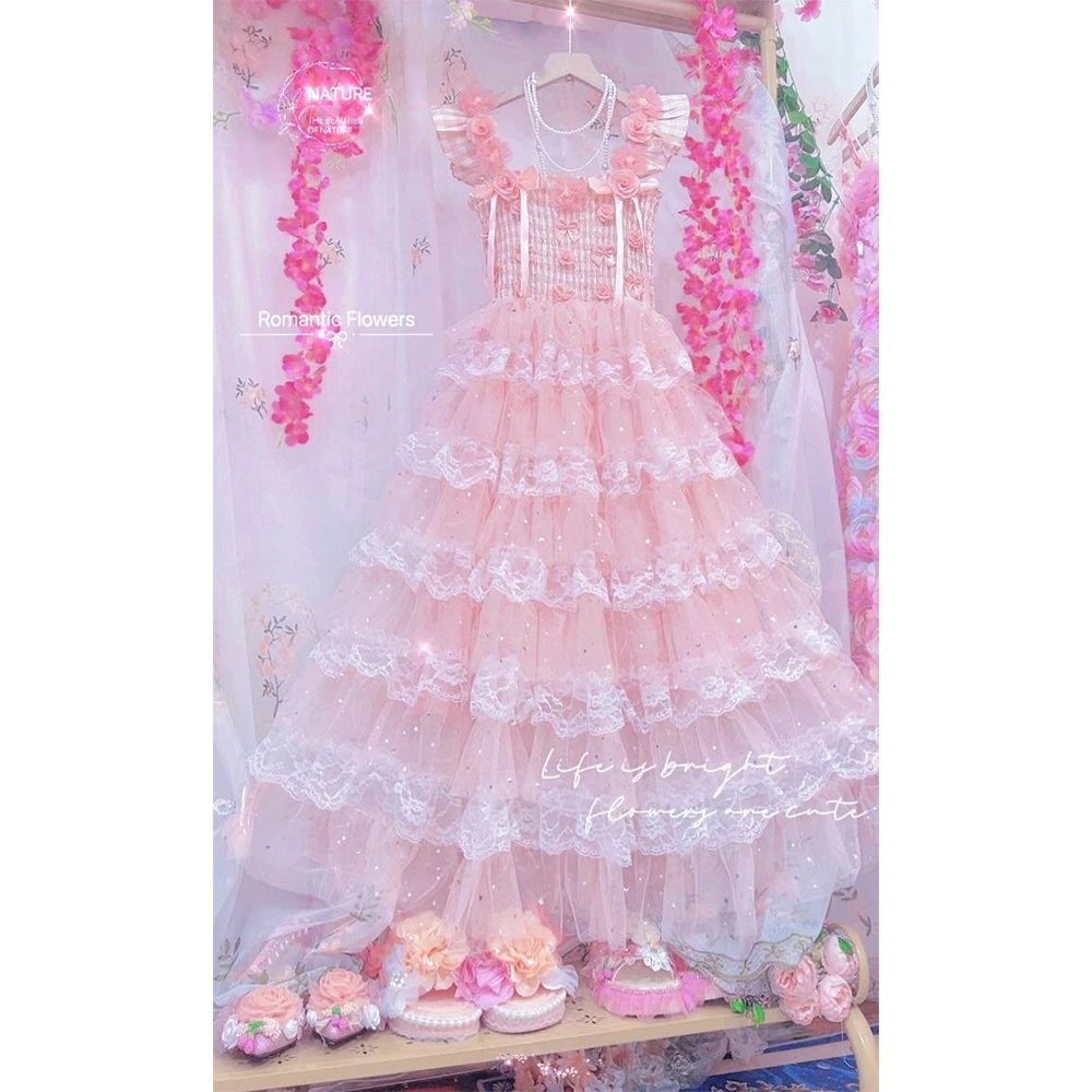 重工高定刺绣花朵蝴蝶荷叶袖收腰蓬蓬网纱蛋糕裙网纱连衣裙仙女裙