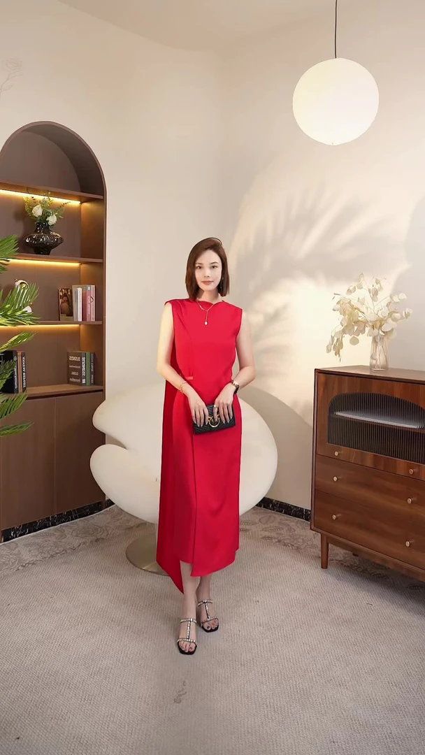 【君君】夏季新款优雅进阶红色气质高级感不规则无袖连衣裙-SW0945