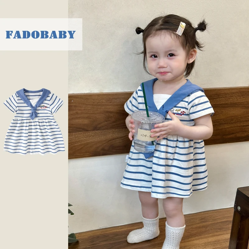 女童连衣裙海军领条纹短袖夏装新款婴幼儿童裙子宝宝公主裙夏