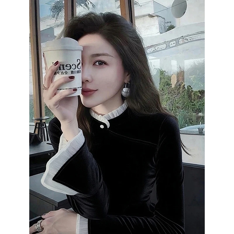 初冬巨好看气质高级感内搭上衣轻奢洋气减龄黑色丝绒立领内搭衬衫