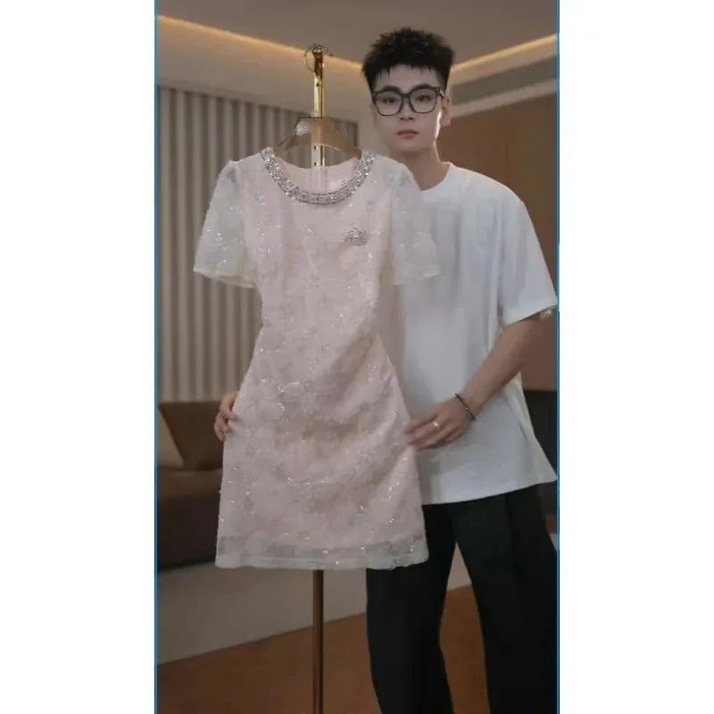 2025夏季韩版时尚名媛风短裙子法式重工花朵纱亮片小香风连衣裙女