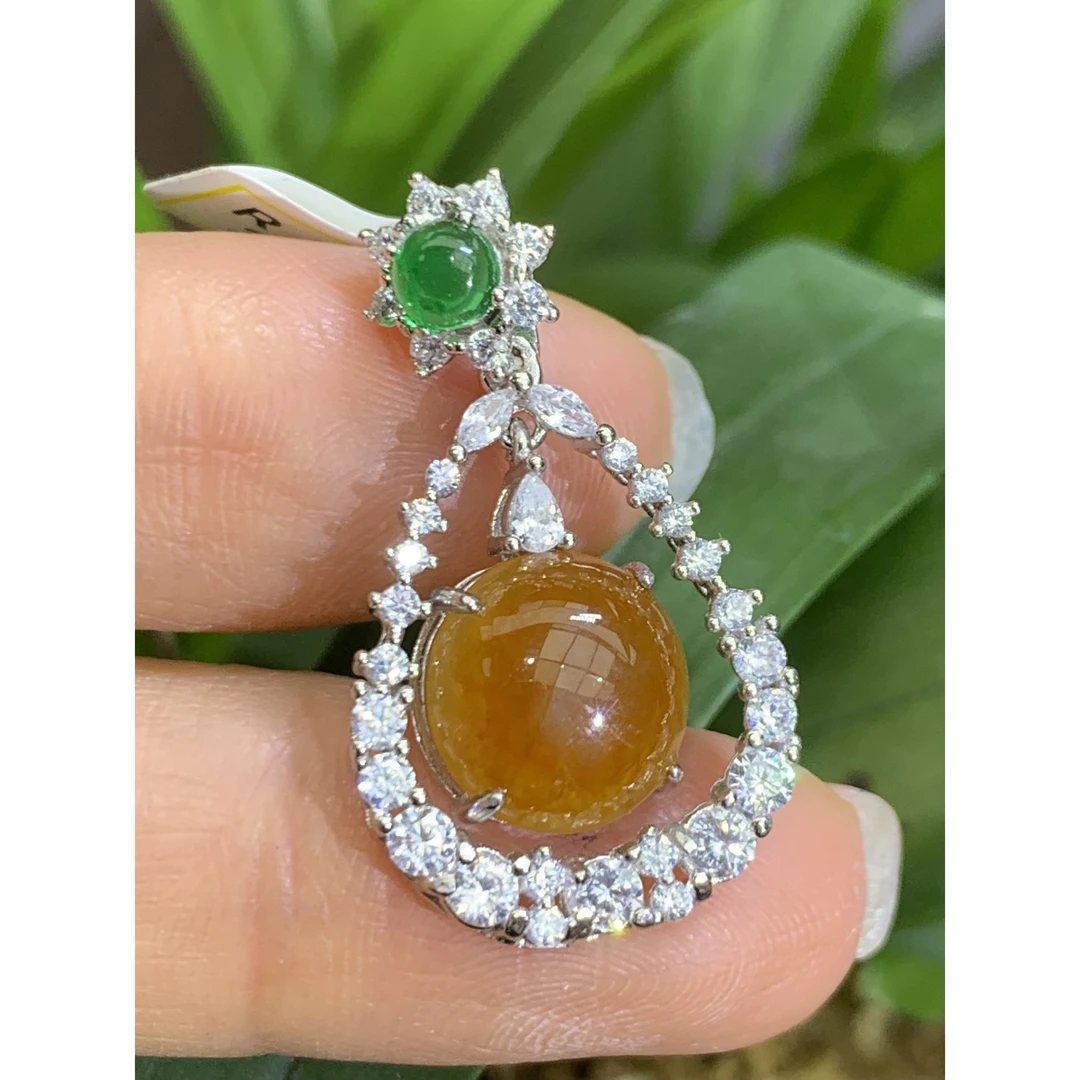 冰黄翡蛋面吊坠天然翡翠A货2.06LXH气质时尚百搭镶嵌黄色鸡油黄