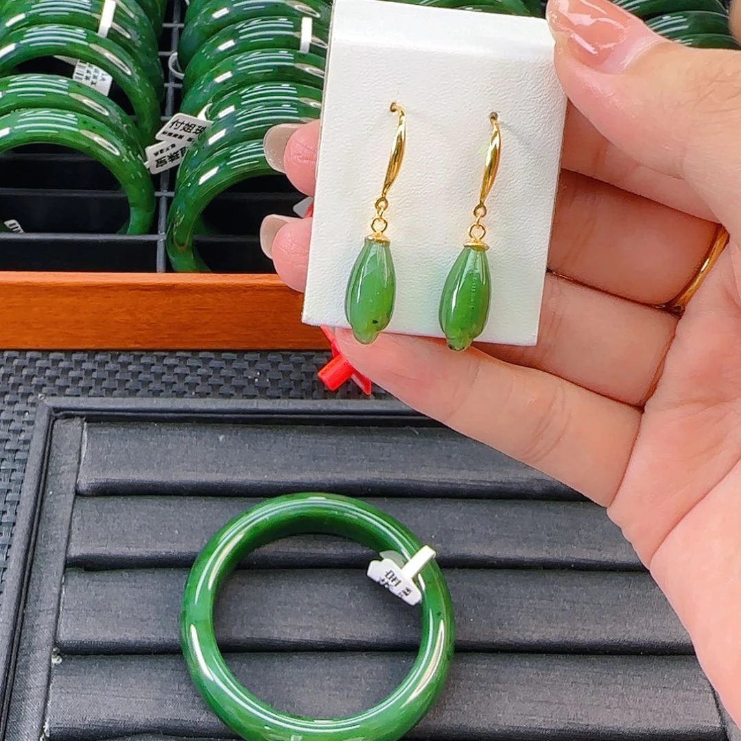 颈饰银S925镶嵌和田玉（碧玉）碧玉玉兰花耳环