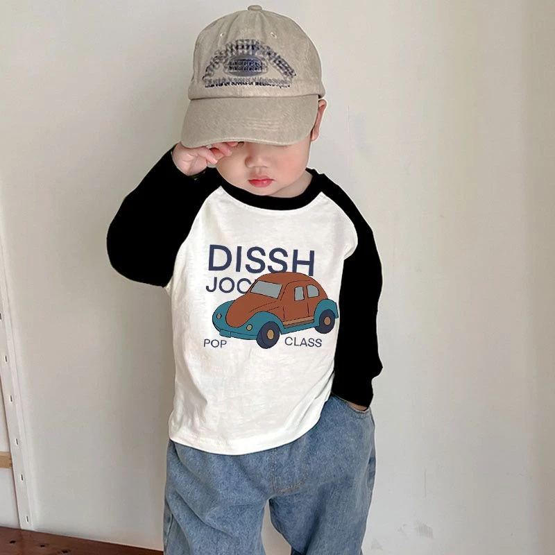 男童纯棉长袖T恤春秋卡通洋气儿童中小童新款宝宝拼色上衣t打底衫