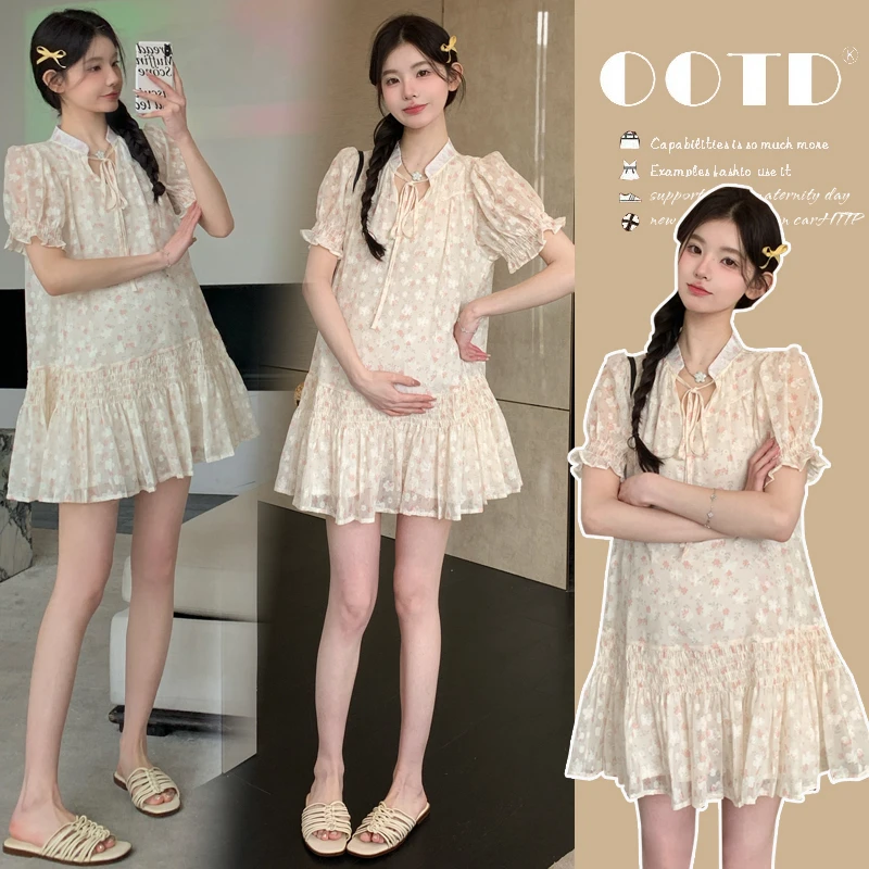 孕妇连衣裙2025新款韩版 夏季小清晰孕妈提花面料樱花粉色连衣裙