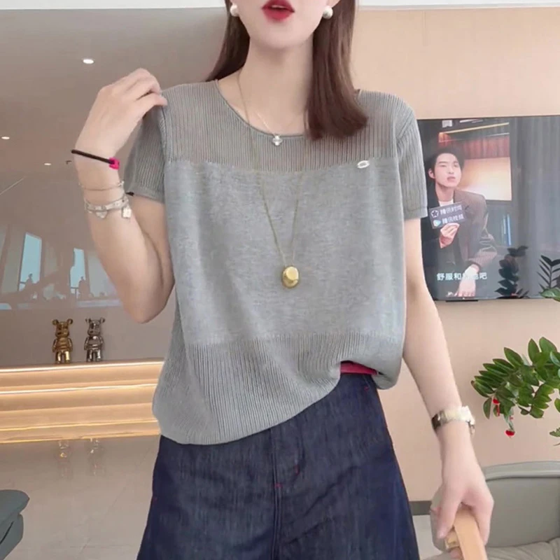 夏季新款设计感镂空拼接透气针织小衫女简约百搭宽松显瘦短袖T恤