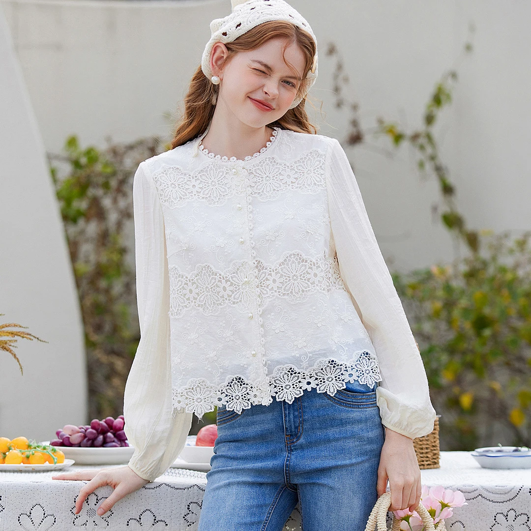 【小呆鸟粉丝专享】&白鹿语圆领甜美花边装饰长袖开衫衬衫BY20083