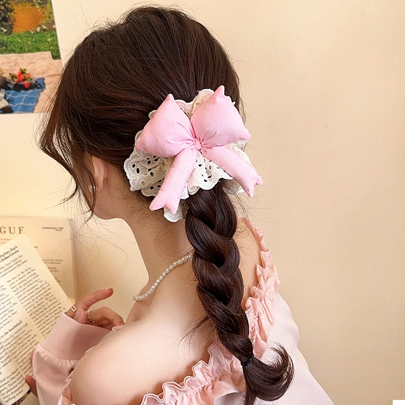 蓬蓬少女粉色蝴蝶结蕾丝大肠发圈女高级感百搭头饰丸子头大号发绳