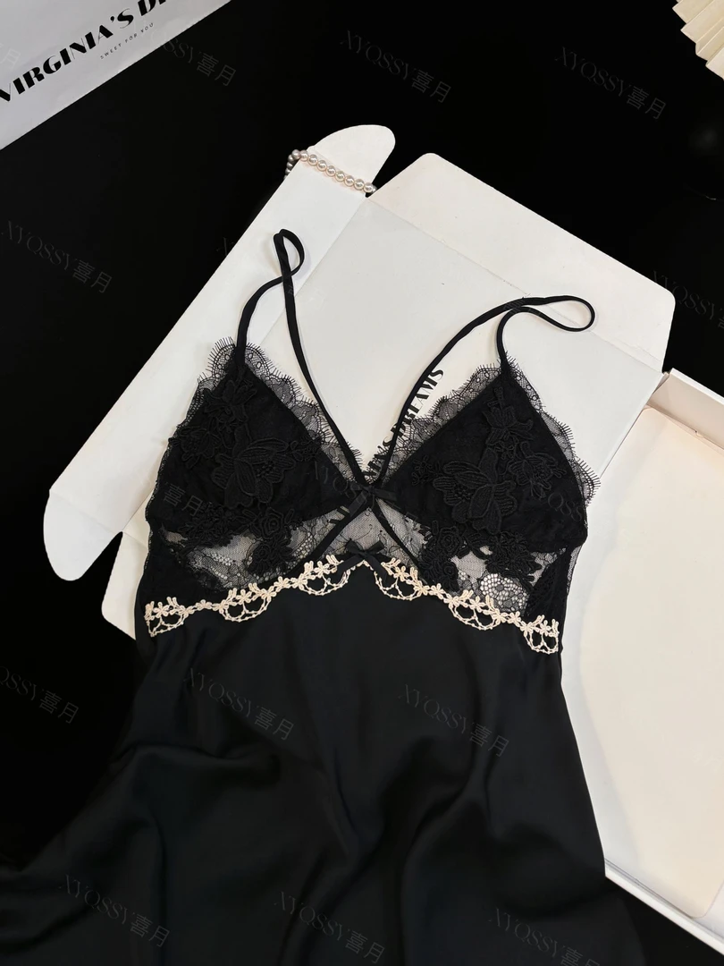 花予性感纯欲蕾丝镂空吊带睡裙带胸垫薄款春夏新款轻奢睡袍两件套