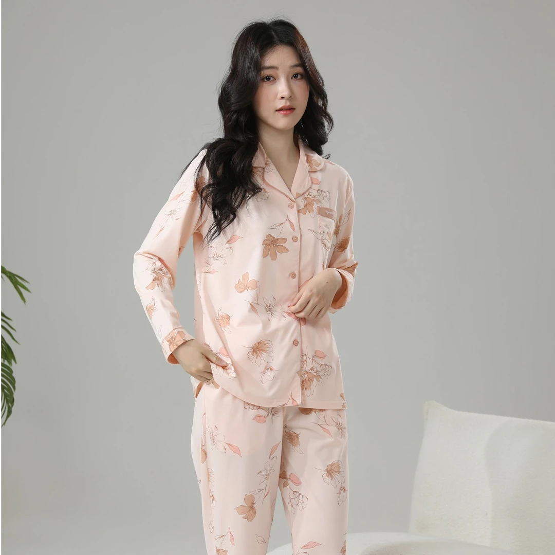 姬玛春款针织纯棉长袖长裤印花女士家居服睡衣套装251190