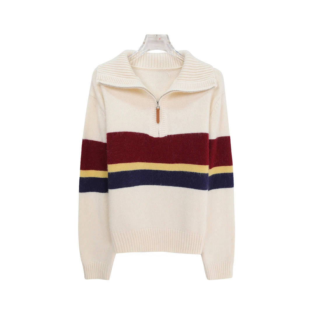 大翻领撞色时尚通勤百搭半拉链针织衫K24455