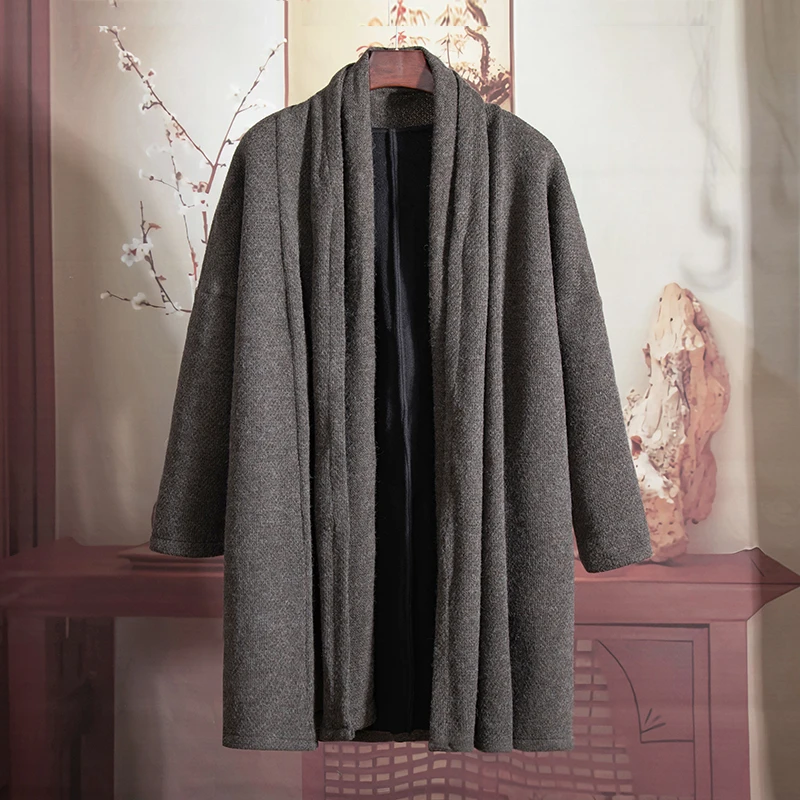 由天丨秋冬季加绒大衣男士毛呢外套中国风开衫复古男装中长款风衣