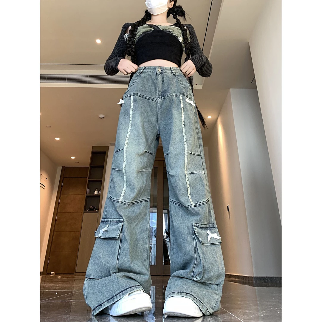 美式复古蝴蝶结设计感牛仔裤女2025春季新款阔腿工装裤直筒裤子春