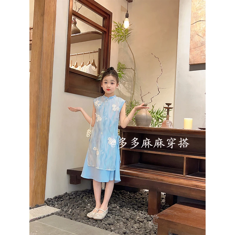 女童风夏季显瘦碎花印花旗袍古风新中式旗袍连衣裙23928#