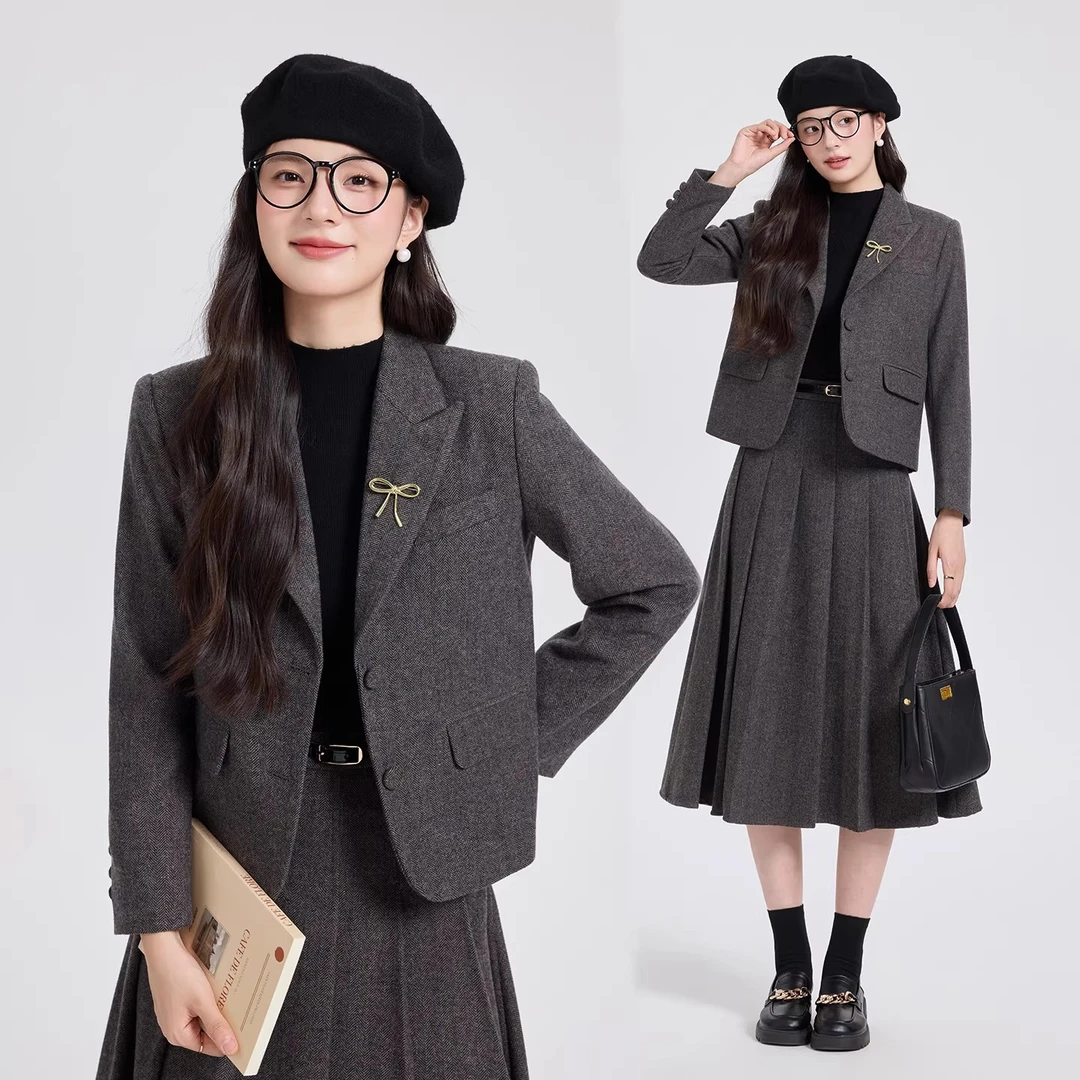 秋冬复古英伦风穿搭留洋千金大小姐人字纹西装百褶长裙学院风套装