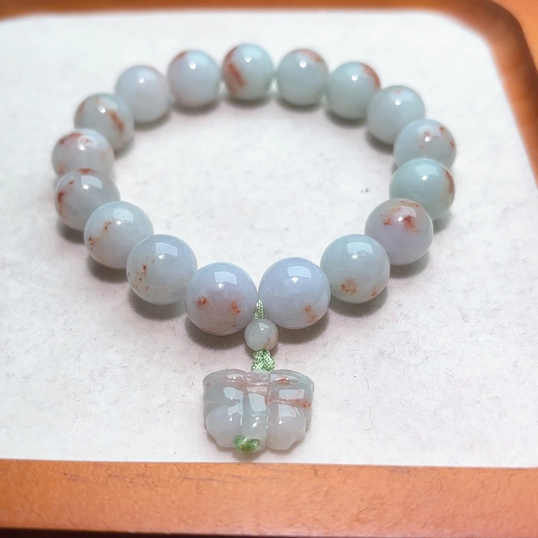 翡翠手链未镶嵌绿底洒红翡翠手串