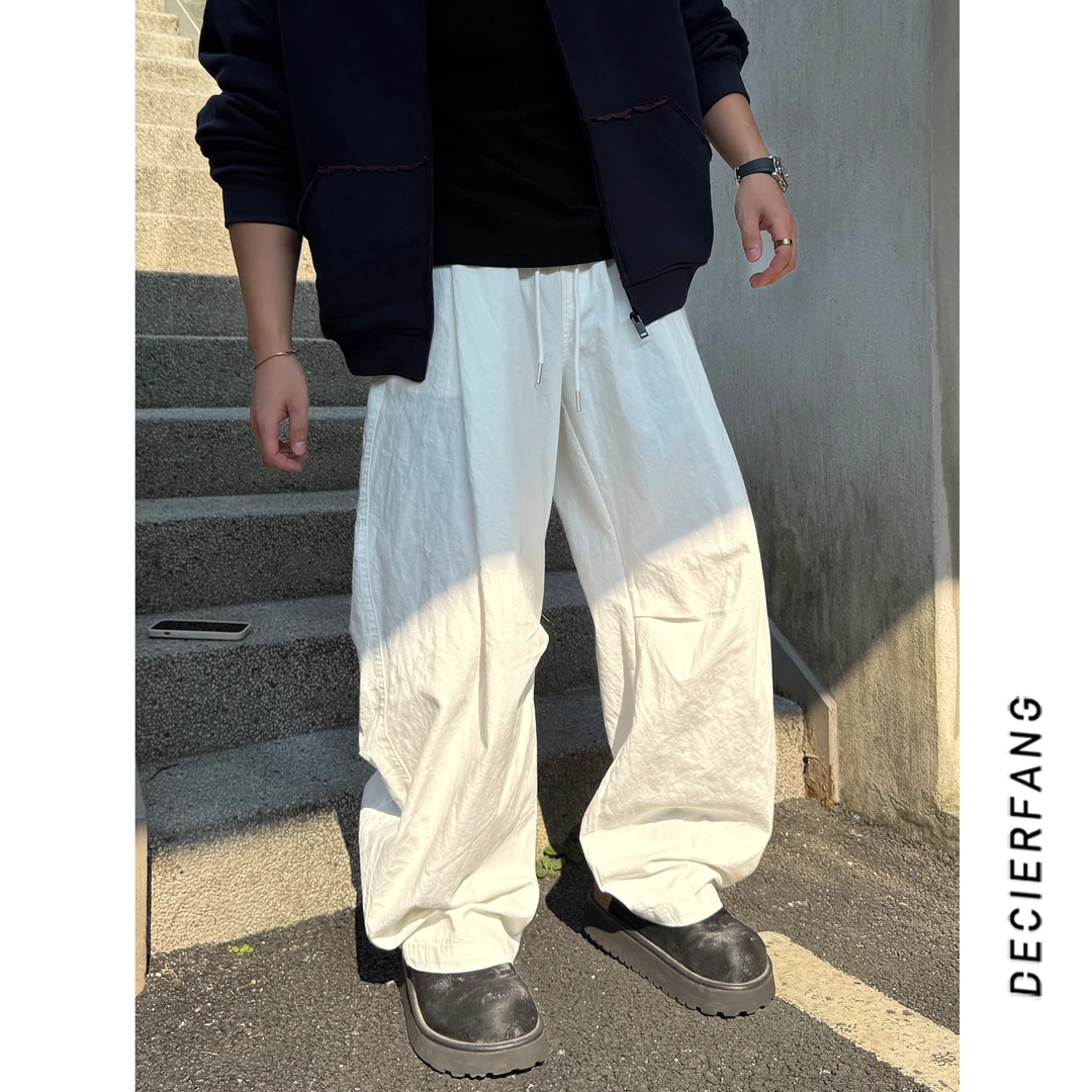DF25秋季纯色高街简约松紧腰头掐褶休闲百搭潮牌工装情侣款冲锋裤