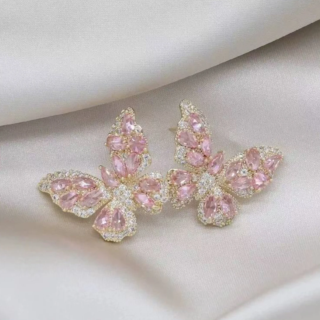 铜合金合成锆石耳饰 蝴蝶昆虫法式日韩耳环瑞丽时尚轻奢少女复古