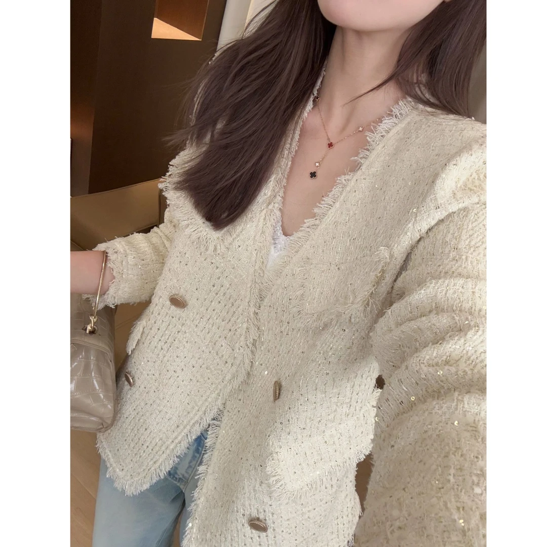 【高端定制】2025秋季韩版V领流苏百搭显瘦小香风气质女外套C