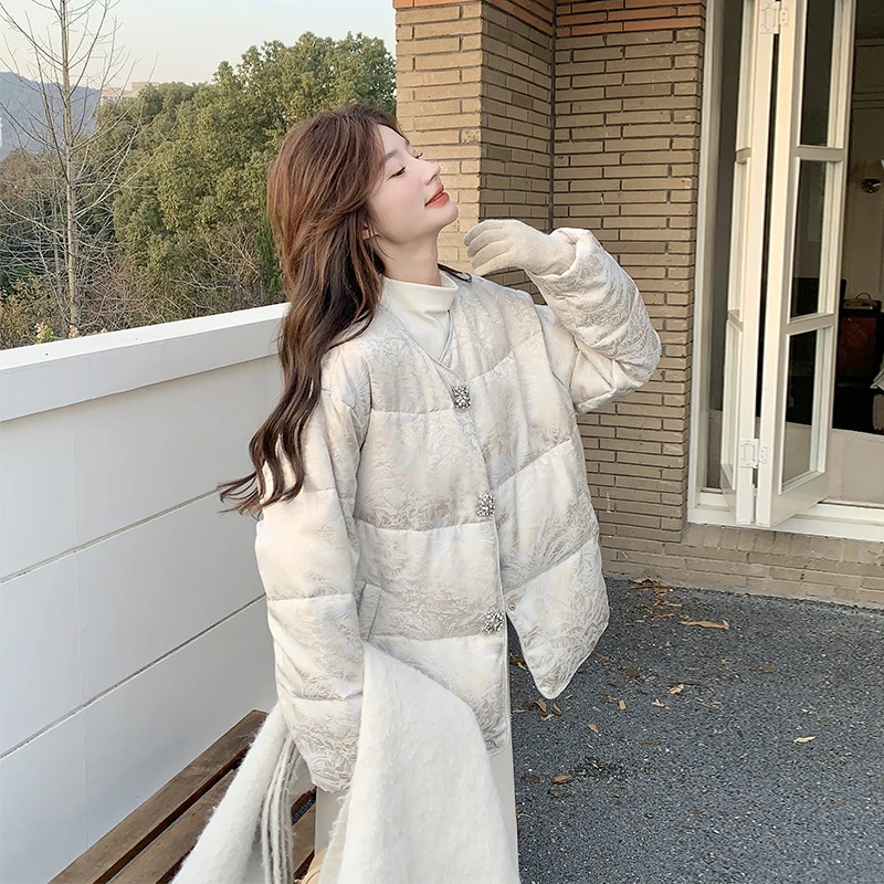 新中式国风印花羽绒服女小个子冬季超好看复古加厚保暖白鸭绒外套